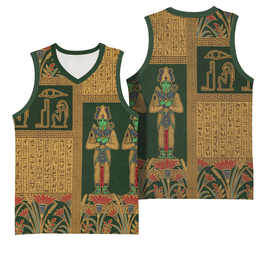 Egyptian God Osiris Basketball Jersey Green Pharaonic Hieroglyphic Patterns