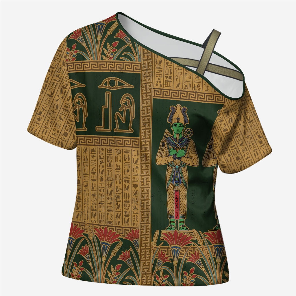 Egyptian God Osiris Cross Shoulder Shirt Green Pharaonic Hieroglyphic Patterns