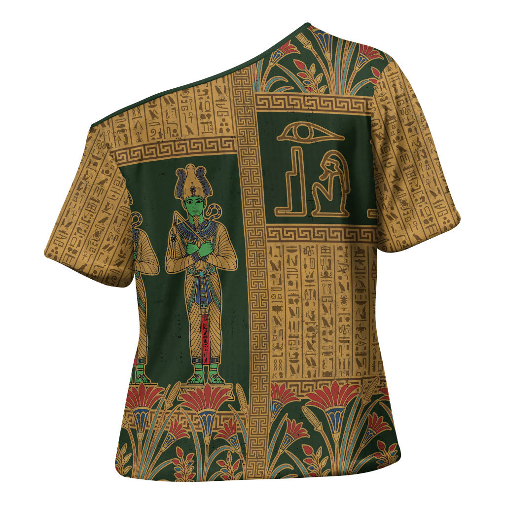 Egyptian God Osiris Cross Shoulder Shirt Green Pharaonic Hieroglyphic Patterns