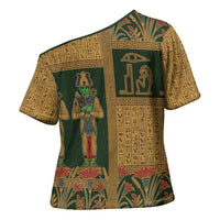 Egyptian God Osiris Cross Shoulder Shirt Green Pharaonic Hieroglyphic Patterns
