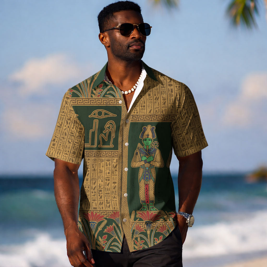 Egyptian God Osiris Hawaiian Shirt Green Pharaonic Hieroglyphic Patterns DT05