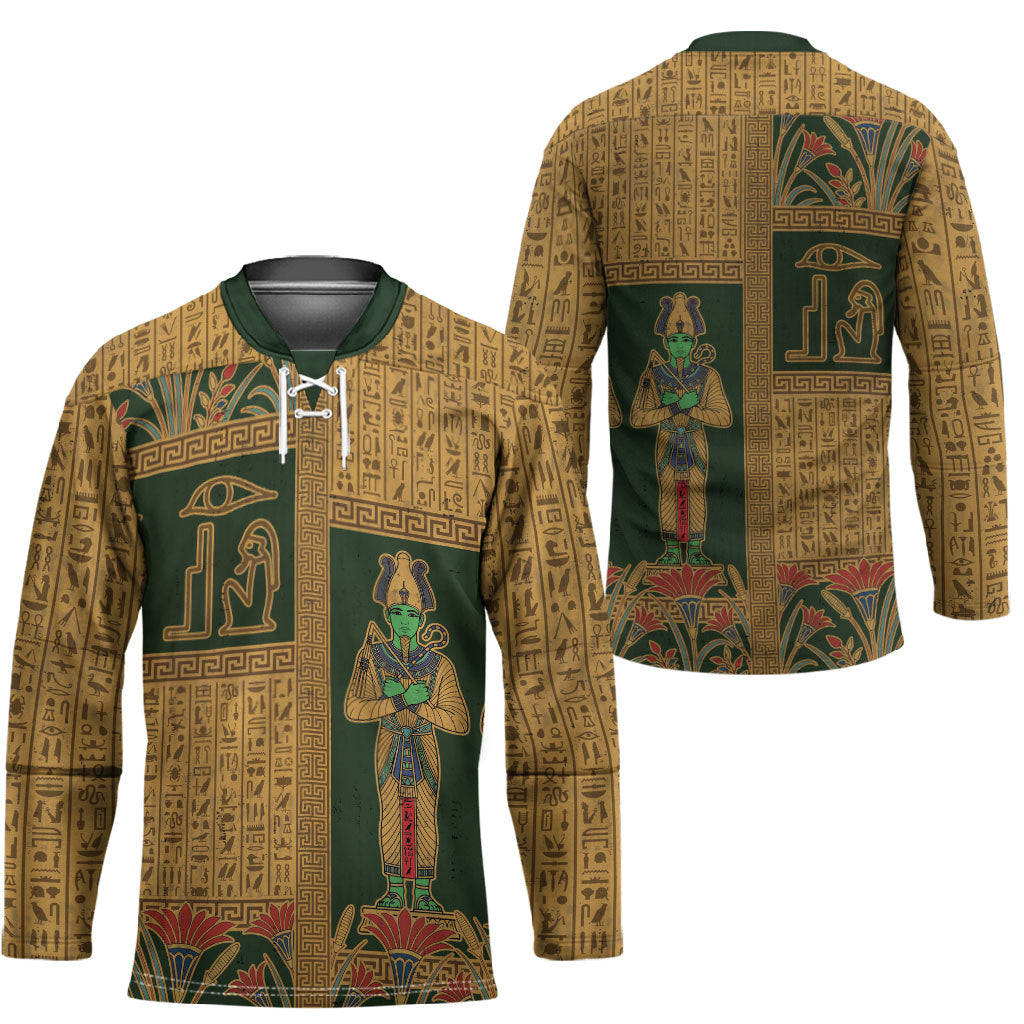 Egyptian God Osiris Hockey Jersey Green Pharaonic Hieroglyphic Patterns