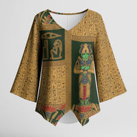 Egyptian God Osiris Kimono Sleeve Blouse Green Pharaonic Hieroglyphic Patterns
