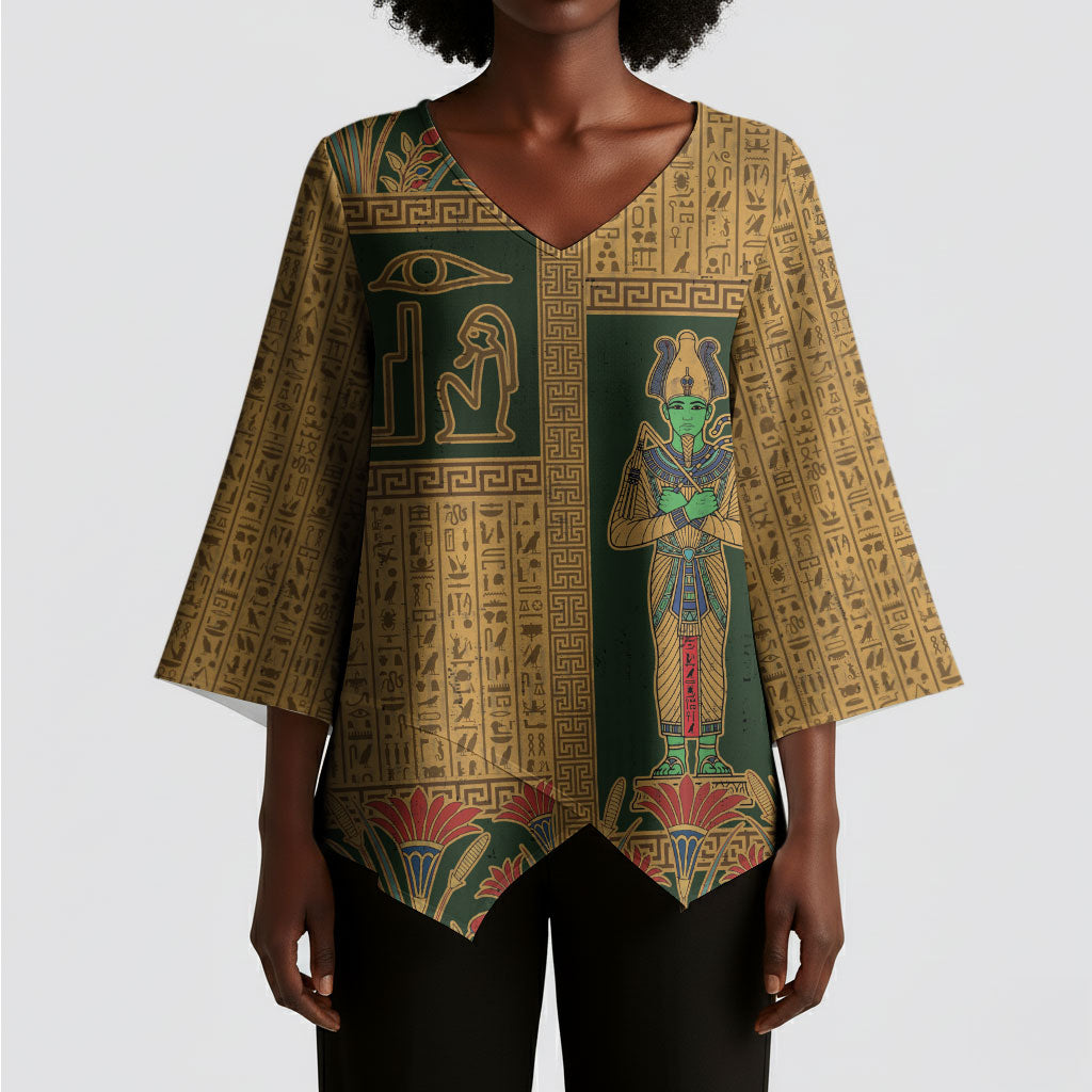 Egyptian God Osiris Kimono Sleeve Blouse Green Pharaonic Hieroglyphic Patterns