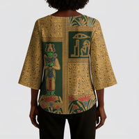Egyptian God Osiris Kimono Sleeve Blouse Green Pharaonic Hieroglyphic Patterns