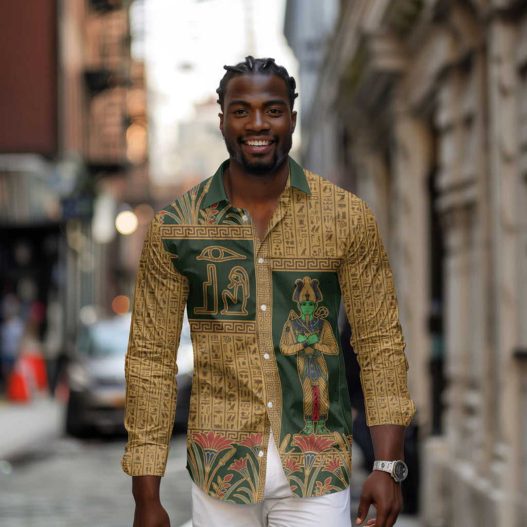 Egyptian God Osiris Long Sleeve Button Shirt Green Pharaonic Hieroglyphic Patterns