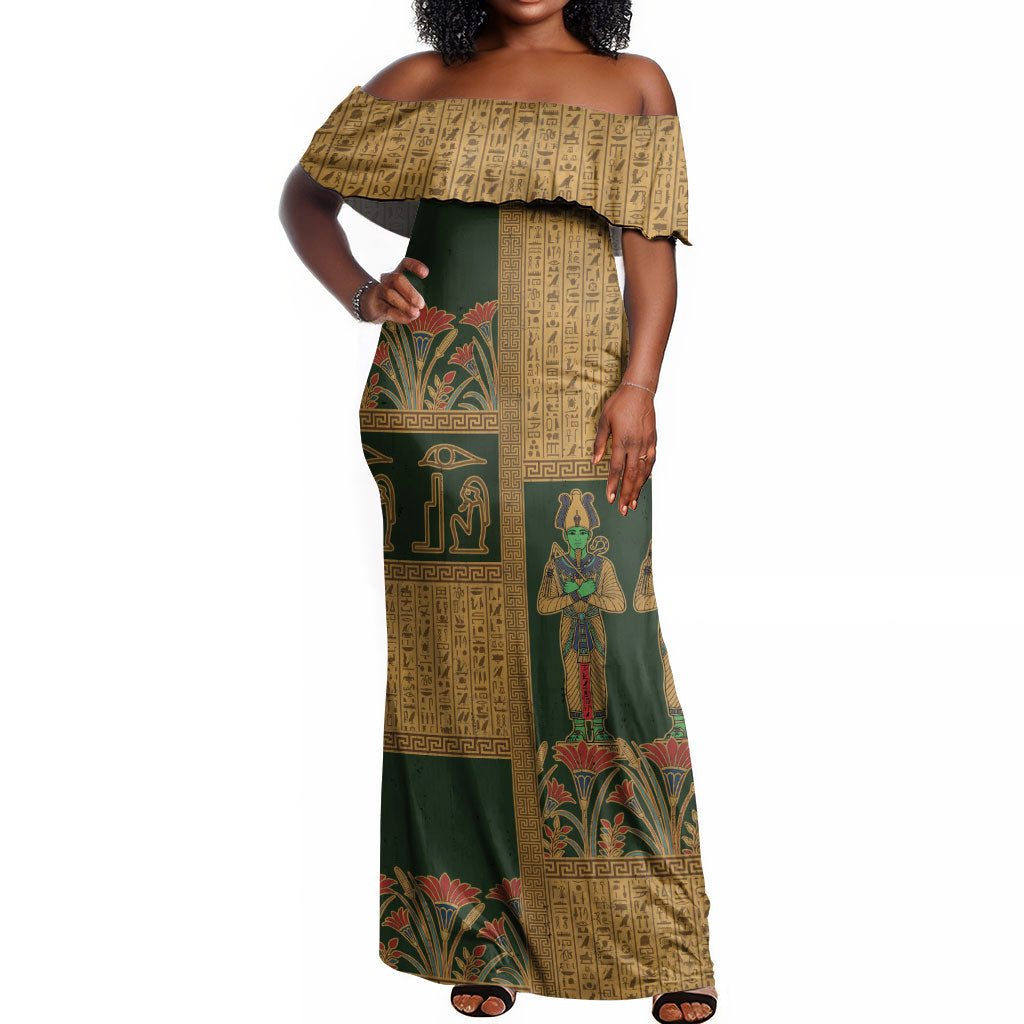 Egyptian God Osiris Off Shoulder Maxi Dress Green Pharaonic Hieroglyphic Patterns