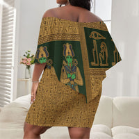 Egyptian God Osiris Off Shoulder Short Dress Green Pharaonic Hieroglyphic Patterns