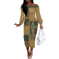 Egyptian God Osiris Off The Shoulder Long Sleeve Dress Green Pharaonic Hieroglyphic Patterns