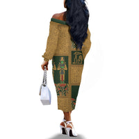 Egyptian God Osiris Off The Shoulder Long Sleeve Dress Green Pharaonic Hieroglyphic Patterns