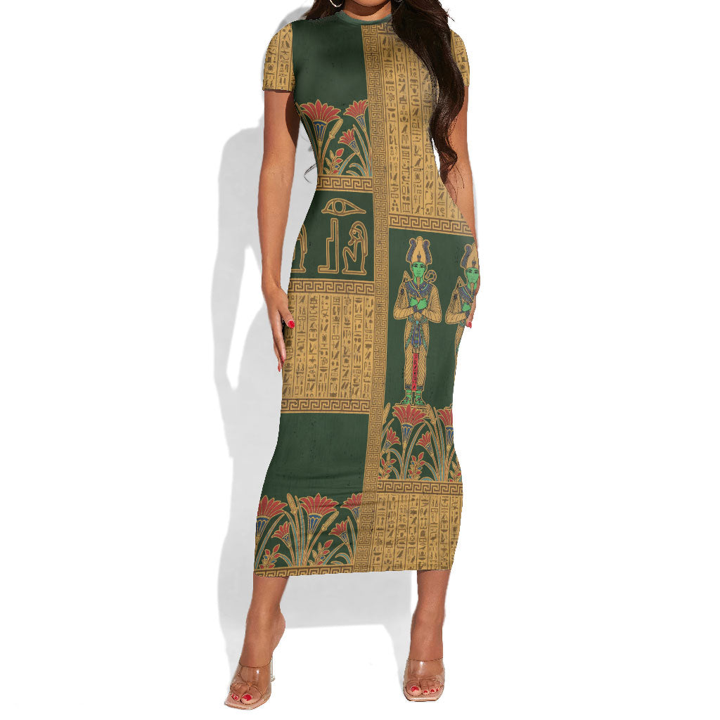 Egyptian God Osiris Short Sleeve Bodycon Dress Green Pharaonic Hieroglyphic Patterns
