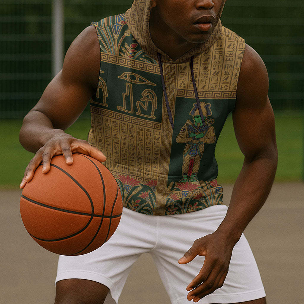 Egyptian God Osiris Sleeveless Hoodie Green Pharaonic Hieroglyphic Patterns