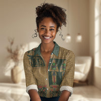 Egyptian God Osiris Women Casual Shirt Green Pharaonic Hieroglyphic Patterns