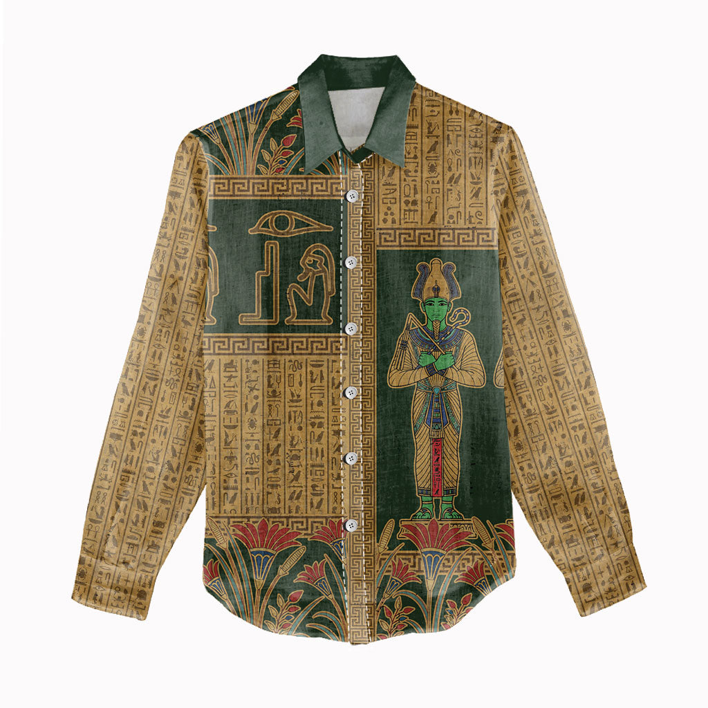 Egyptian God Osiris Women Casual Shirt Green Pharaonic Hieroglyphic Patterns