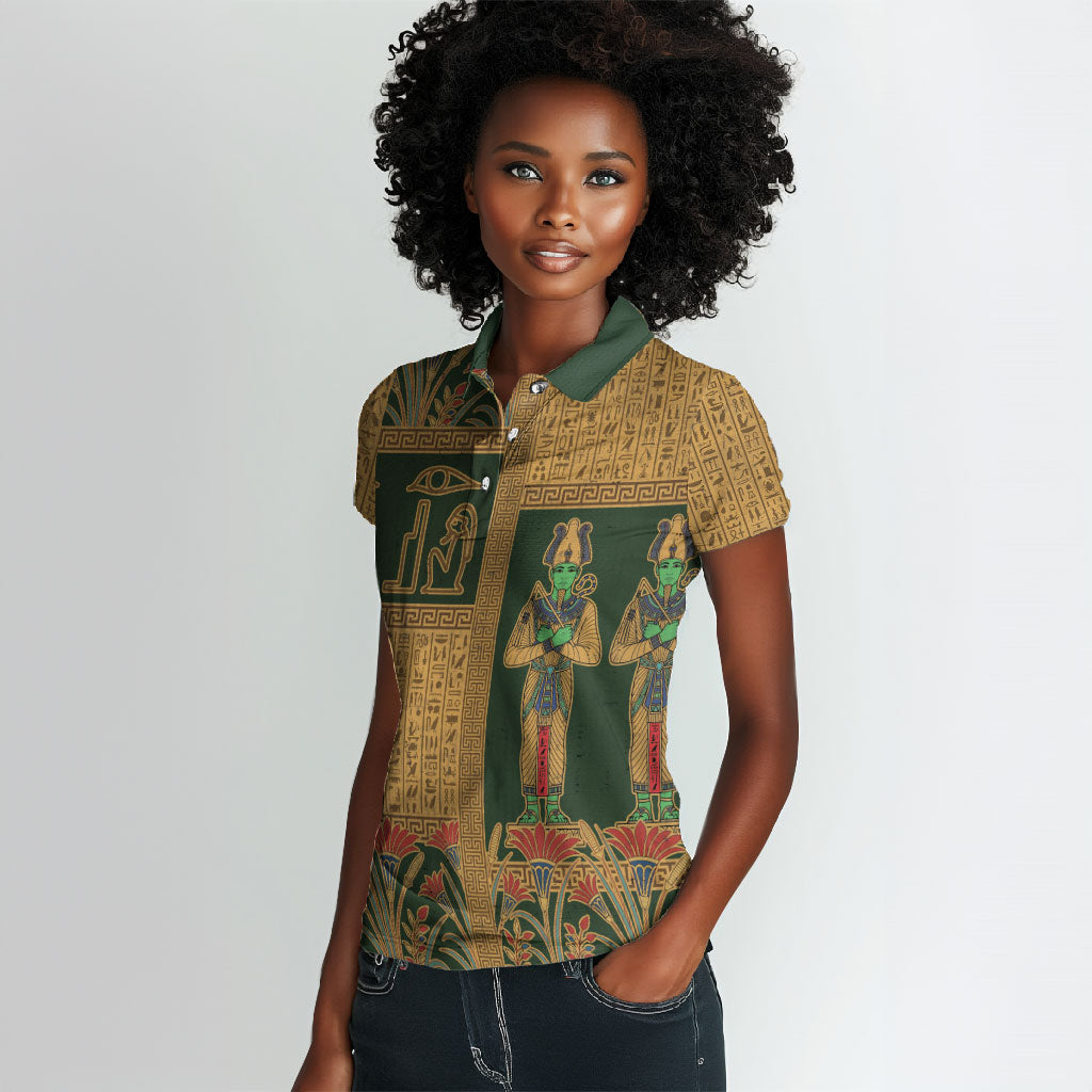 Egyptian God Osiris Women Polo Shirt Green Pharaonic Hieroglyphic Patterns