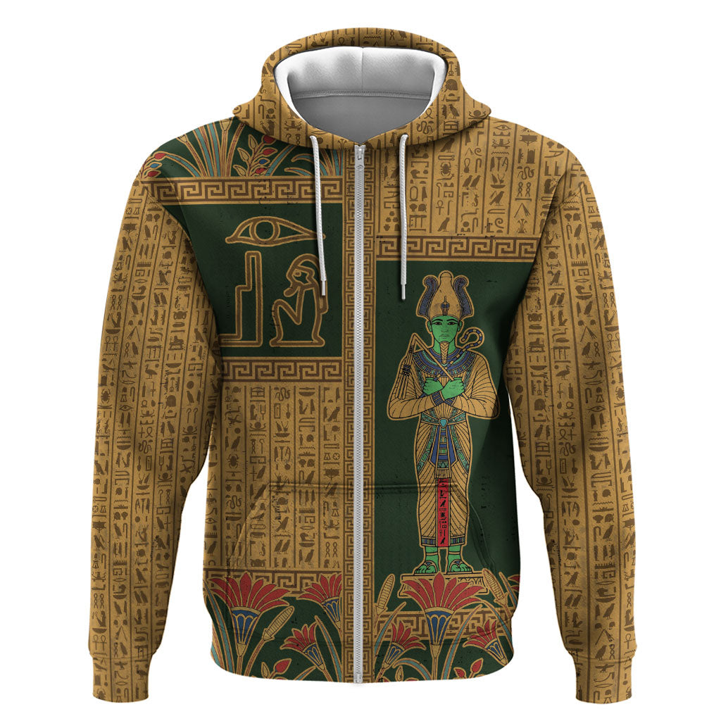 Egyptian God Osiris Zip Hoodie Green Pharaonic Hieroglyphic Patterns