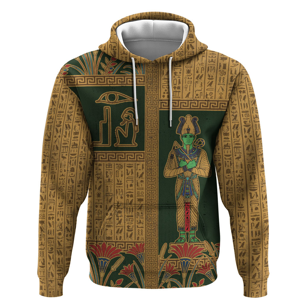 Egyptian God Osiris Zip Hoodie Green Pharaonic Hieroglyphic Patterns
