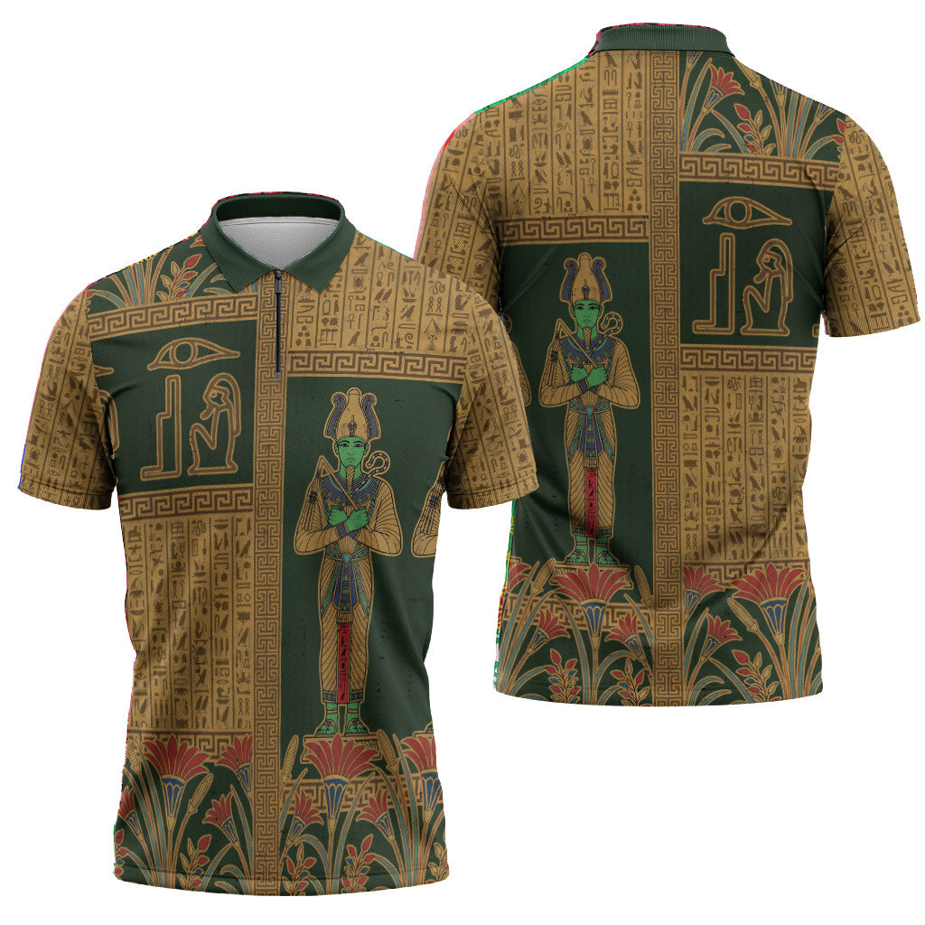 Egyptian God Osiris Zipper Polo Shirt Green Pharaonic Hieroglyphic Patterns