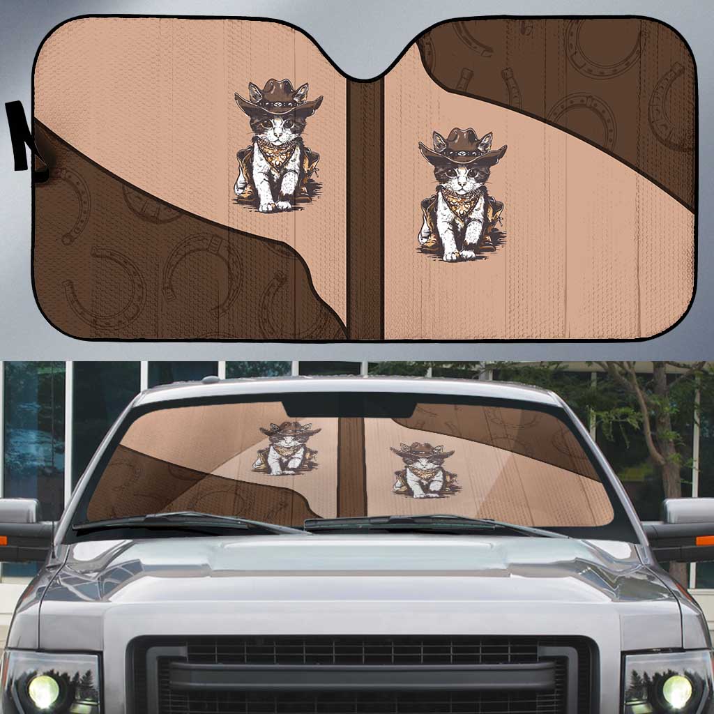 Cowcat Auto Sun Shade Cowboy Cat Meowdy Retro Western Yoke Brown - Wonder Print Shop