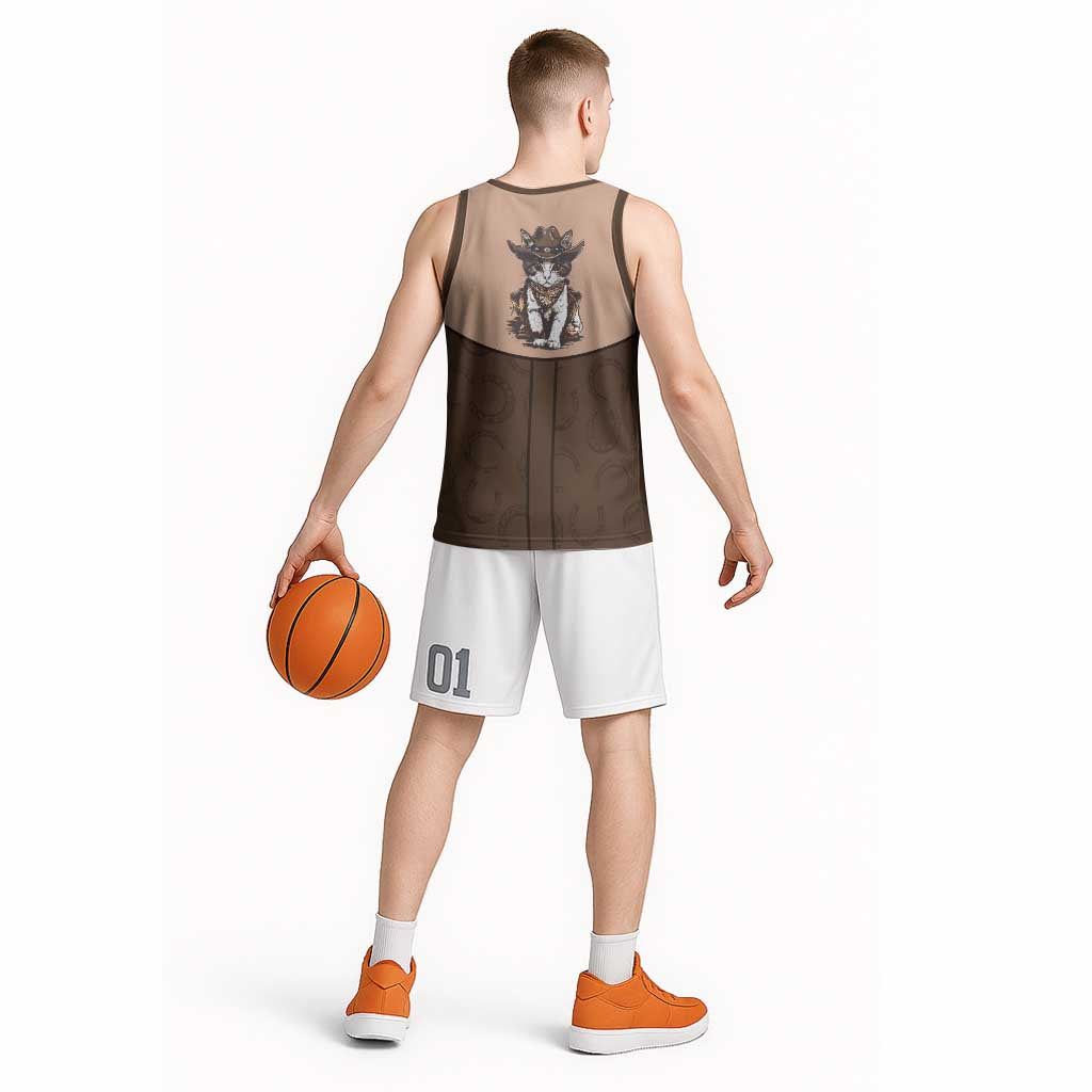 Cowcat Basketball Jersey Cowboy Cat Meowdy Retro Western Yoke Brown - Wonder Print Shop