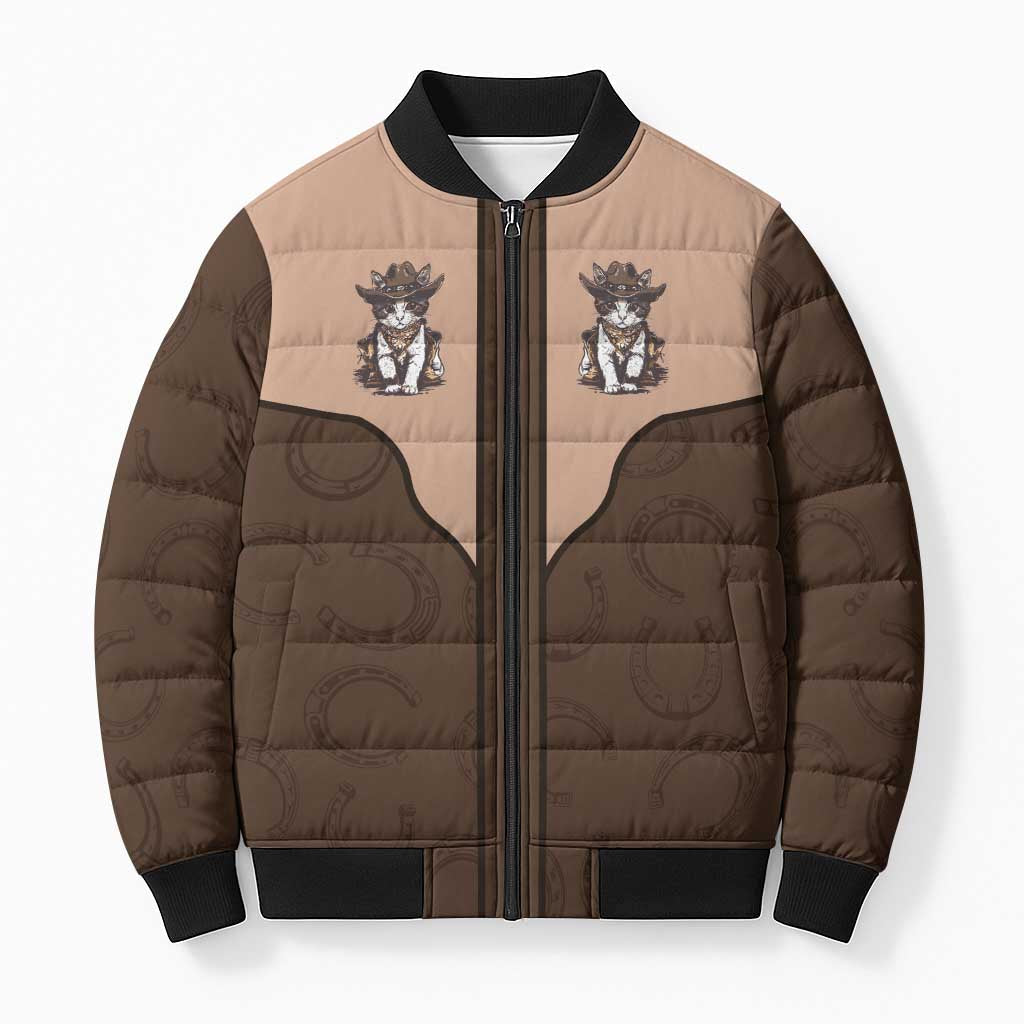 Cowcat Bomber Puffer Jacket Cowboy Cat Meowdy Retro Western Yoke Brown - Wonder Print Shop