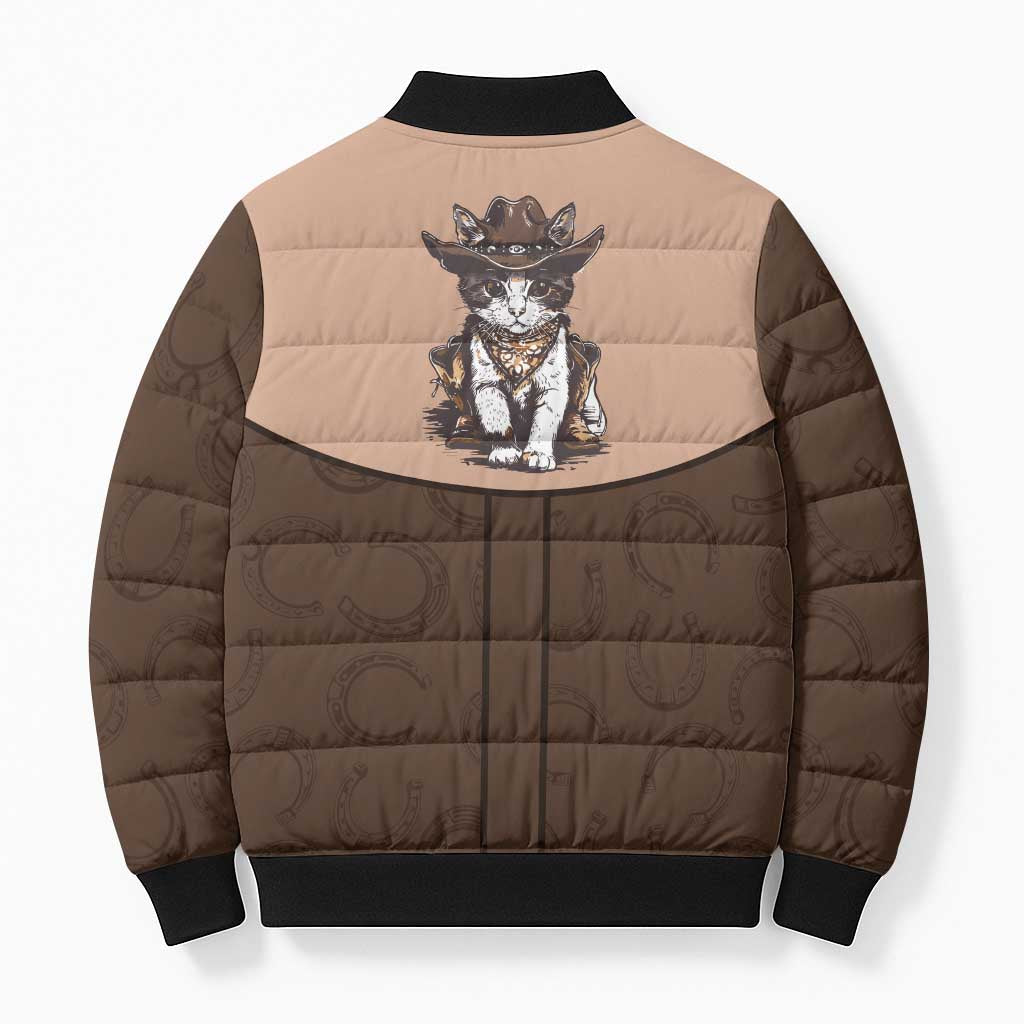 Cowcat Bomber Puffer Jacket Cowboy Cat Meowdy Retro Western Yoke Brown - Wonder Print Shop