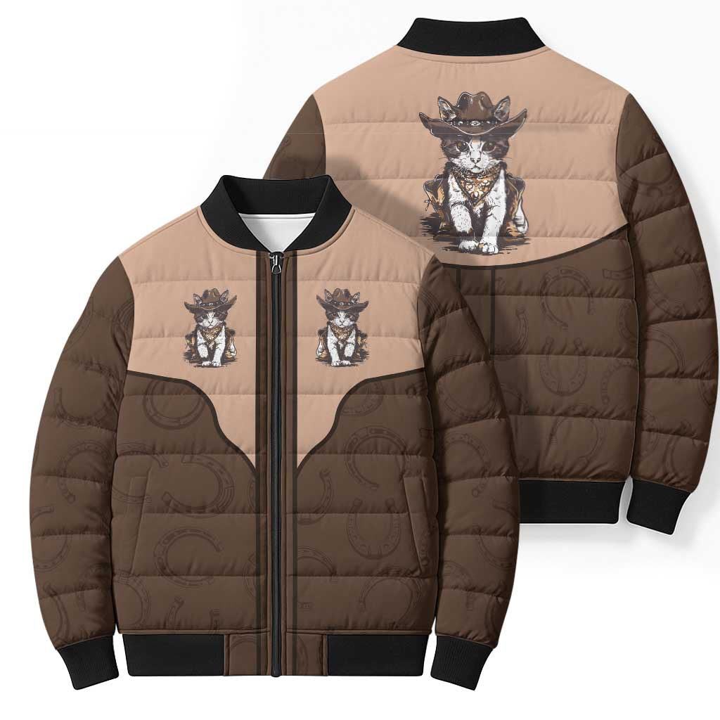 Cowcat Bomber Puffer Jacket Cowboy Cat Meowdy Retro Western Yoke Brown - Wonder Print Shop