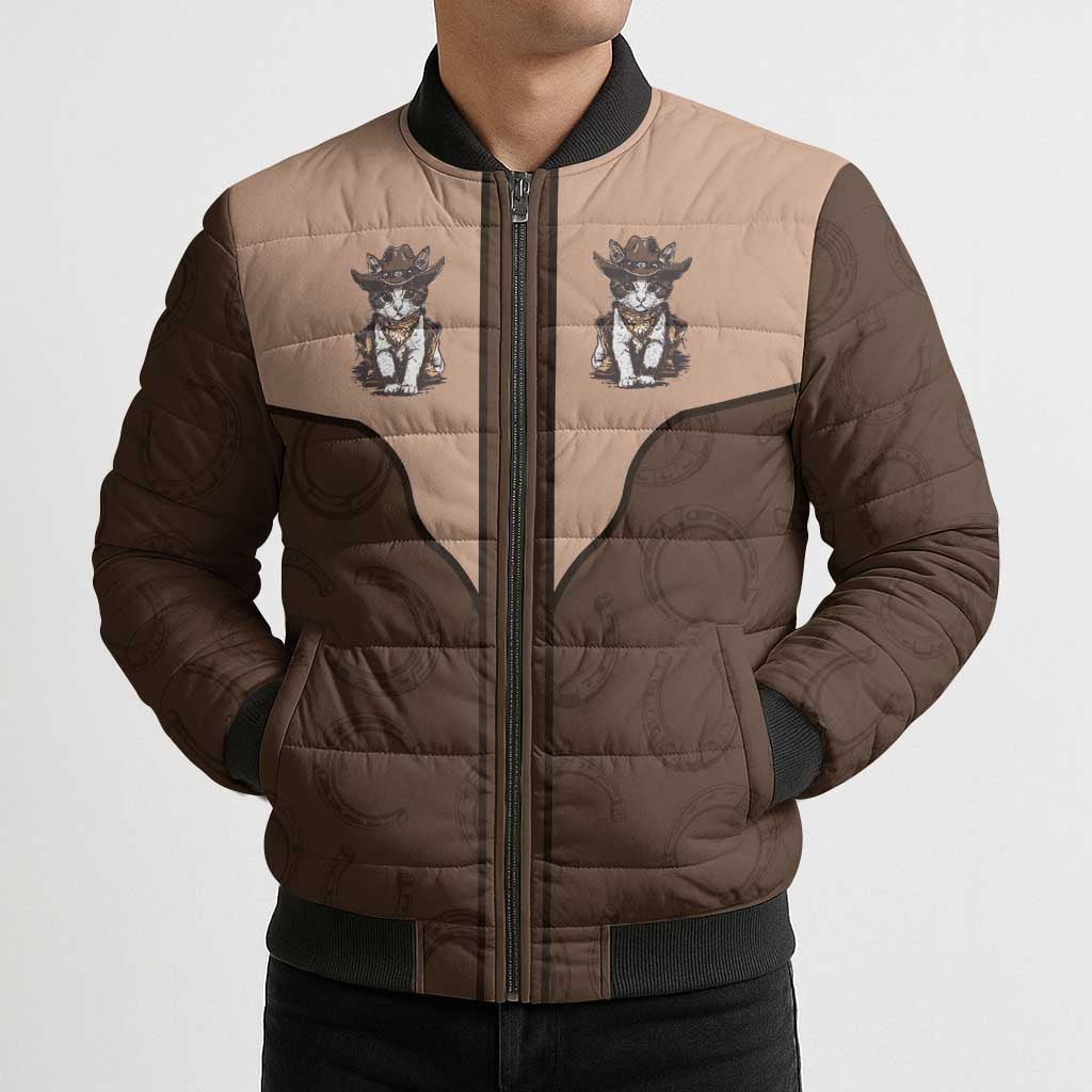 Cowcat Bomber Puffer Jacket Cowboy Cat Meowdy Retro Western Yoke Brown - Wonder Print Shop