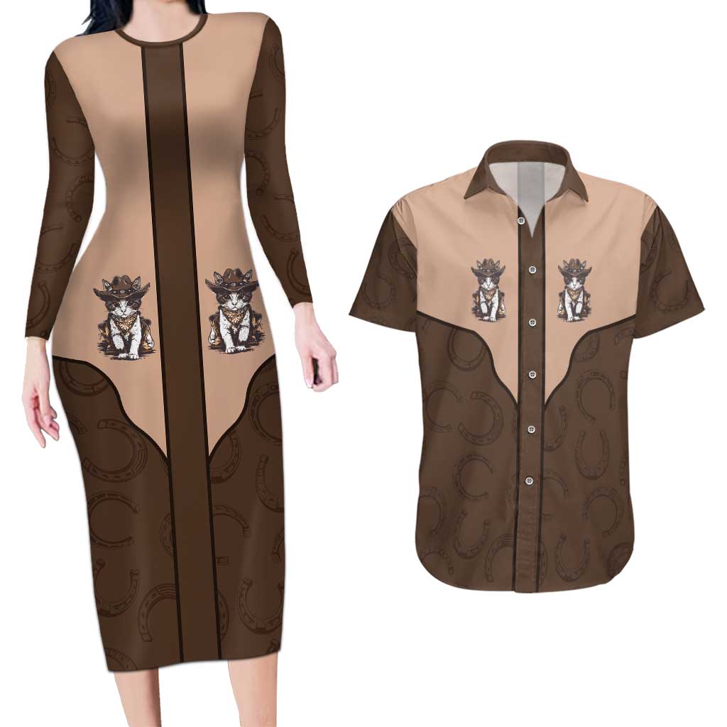 Cowcat Couples Matching Long Sleeve Bodycon Dress and Hawaiian Shirt Cowboy Cat Meowdy Retro Western Yoke Brown - Wonder Print Shop