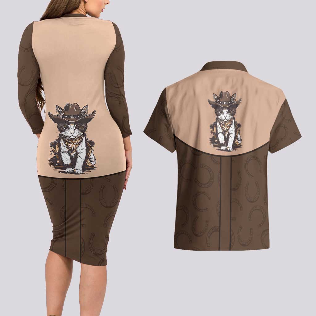 Cowcat Couples Matching Long Sleeve Bodycon Dress and Hawaiian Shirt Cowboy Cat Meowdy Retro Western Yoke Brown - Wonder Print Shop