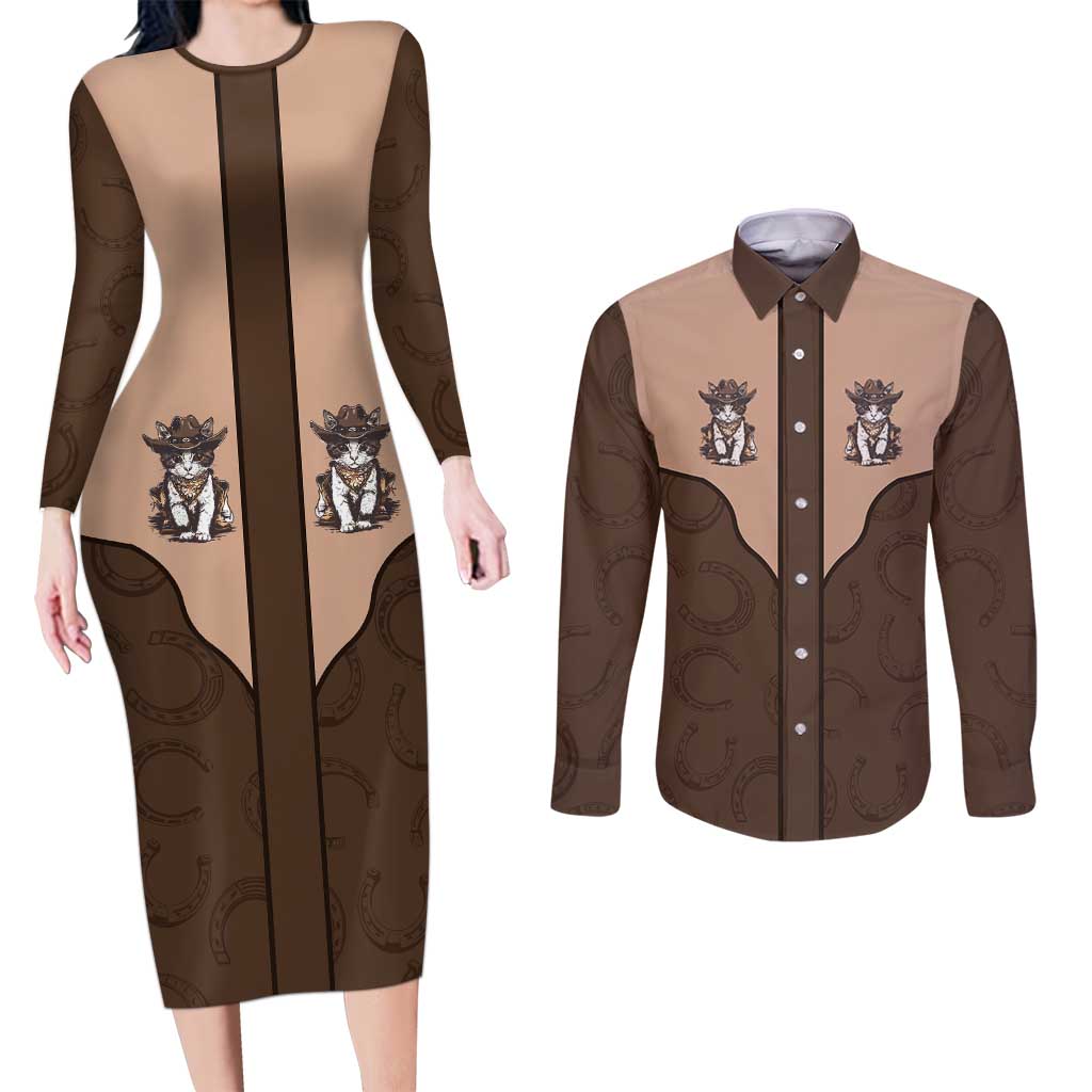 Cowcat Couples Matching Long Sleeve Bodycon Dress and Long Sleeve Button Shirt Cowboy Cat Meowdy Retro Western Yoke Brown - Wonder Print Shop