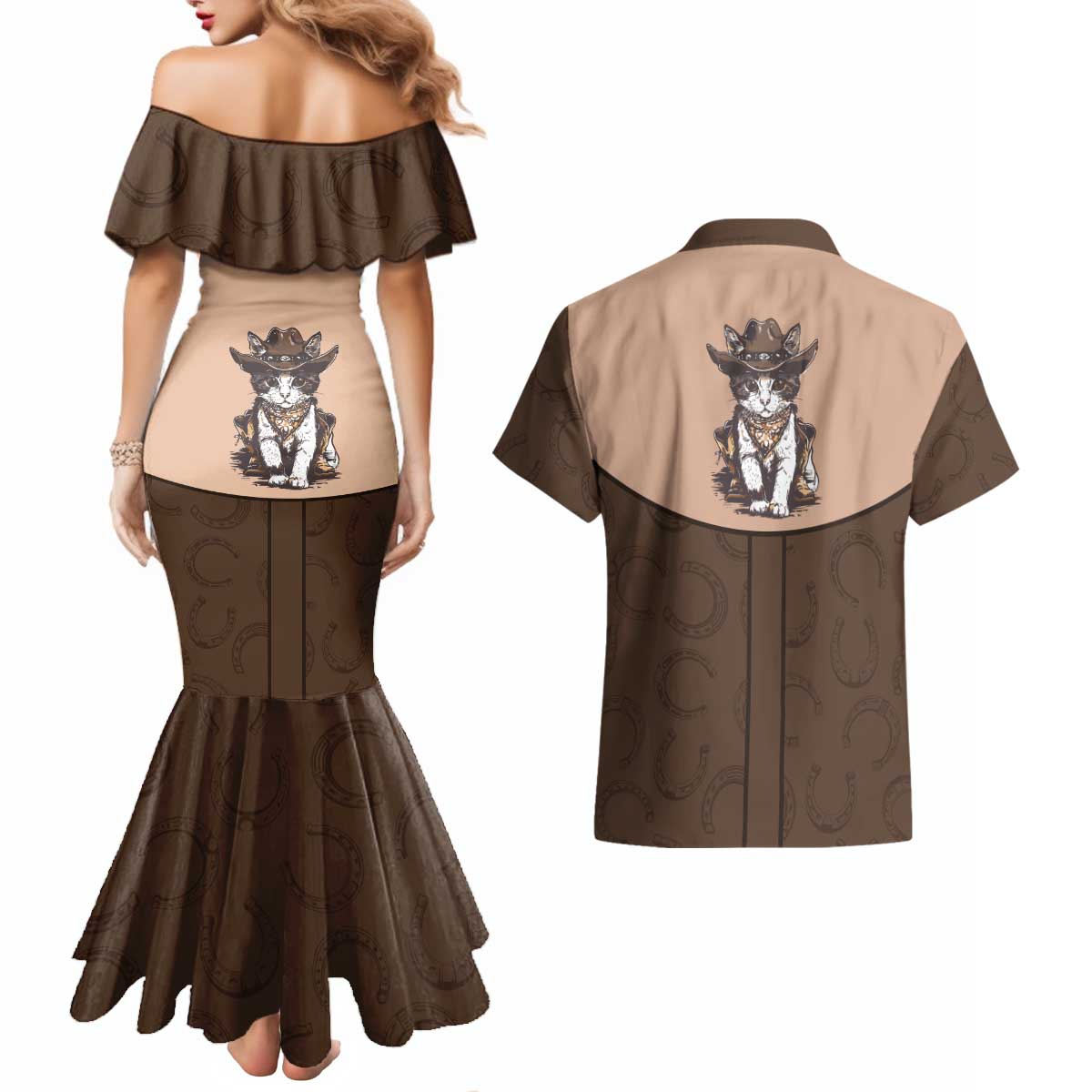 Cowcat Couples Matching Mermaid Dress and Hawaiian Shirt Cowboy Cat Meowdy Retro Western Yoke Brown - Wonder Print Shop