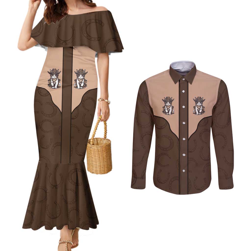 Cowcat Couples Matching Mermaid Dress and Long Sleeve Button Shirt Cowboy Cat Meowdy Retro Western Yoke Brown - Wonder Print Shop