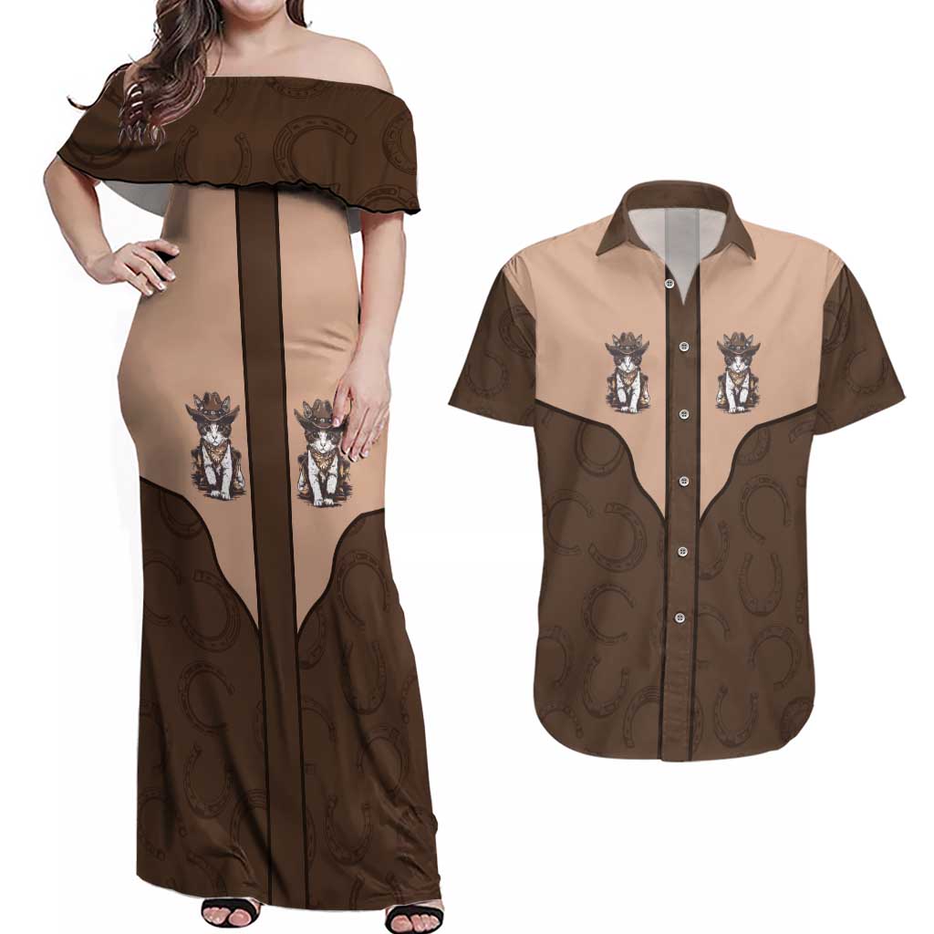 Cowcat Couples Matching Off Shoulder Maxi Dress and Hawaiian Shirt Cowboy Cat Meowdy Retro Western Yoke Brown - Wonder Print Shop