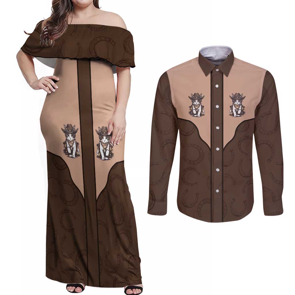 Cowcat Couples Matching Off Shoulder Maxi Dress and Long Sleeve Button Shirt Cowboy Cat Meowdy Retro Western Yoke Brown - Wonder Print Shop