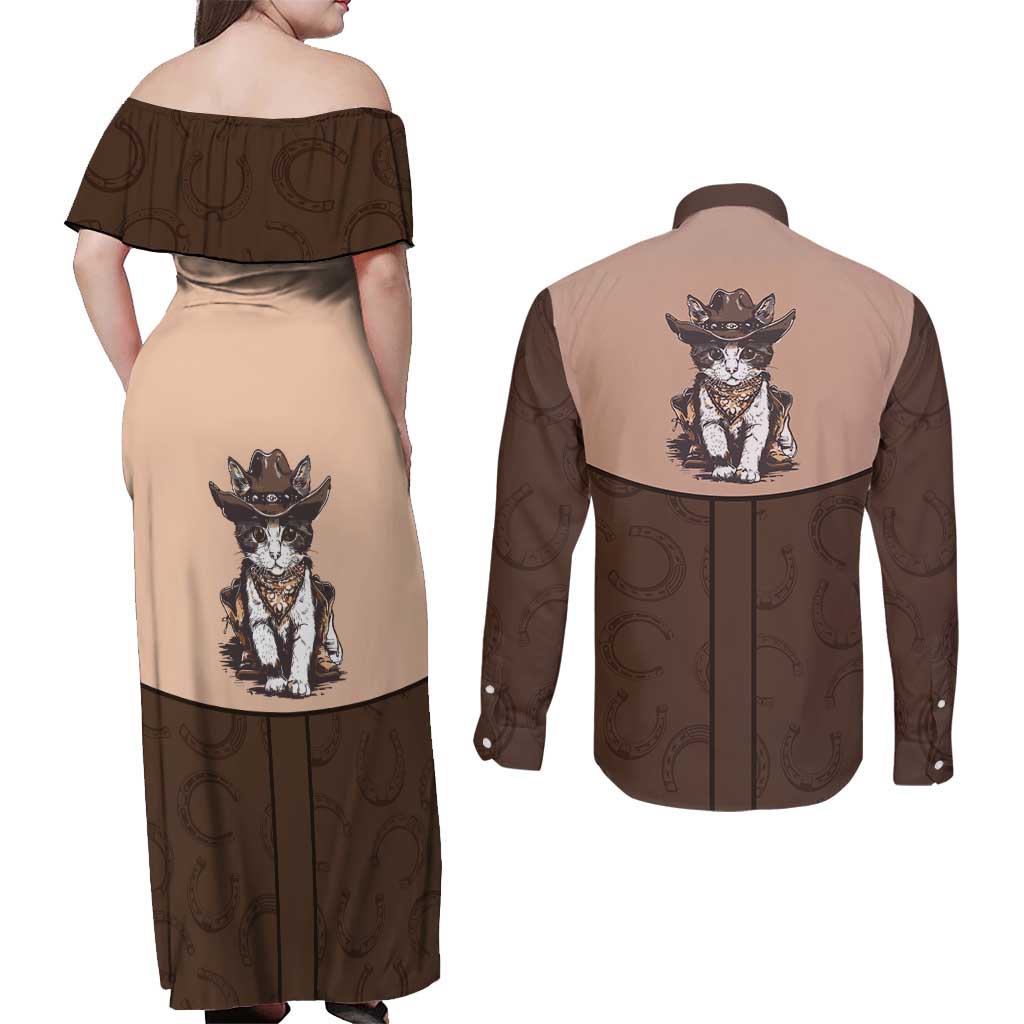 Cowcat Couples Matching Off Shoulder Maxi Dress and Long Sleeve Button Shirt Cowboy Cat Meowdy Retro Western Yoke Brown - Wonder Print Shop