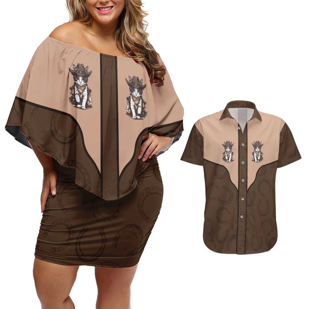 Cowcat Couples Matching Off Shoulder Short Dress and Hawaiian Shirt Cowboy Cat Meowdy Retro Western Yoke Brown - Wonder Print Shop