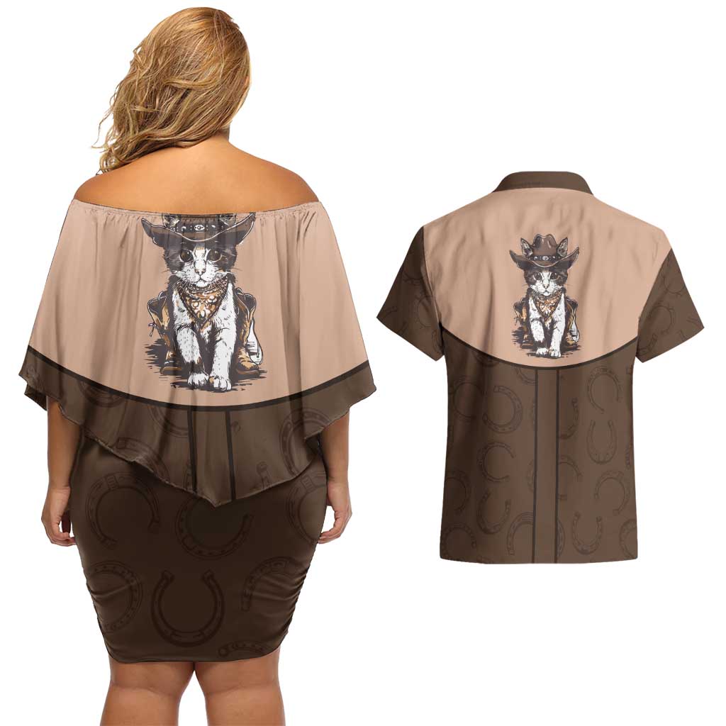 Cowcat Couples Matching Off Shoulder Short Dress and Hawaiian Shirt Cowboy Cat Meowdy Retro Western Yoke Brown - Wonder Print Shop