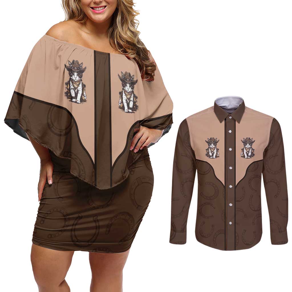 Cowcat Couples Matching Off Shoulder Short Dress and Long Sleeve Button Shirt Cowboy Cat Meowdy Retro Western Yoke Brown - Wonder Print Shop
