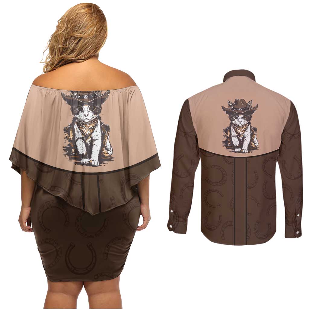Cowcat Couples Matching Off Shoulder Short Dress and Long Sleeve Button Shirt Cowboy Cat Meowdy Retro Western Yoke Brown - Wonder Print Shop