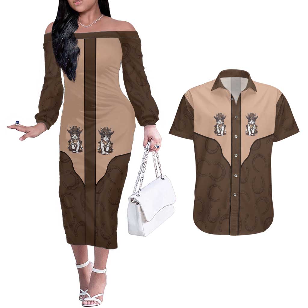 Cowcat Couples Matching Off The Shoulder Long Sleeve Dress and Hawaiian Shirt Cowboy Cat Meowdy Retro Western Yoke Brown - Wonder Print Shop