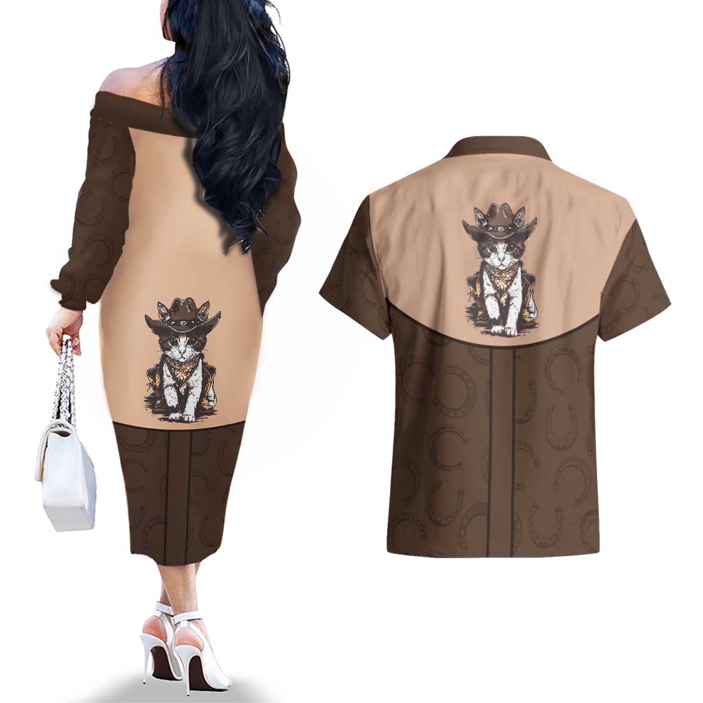 Cowcat Couples Matching Off The Shoulder Long Sleeve Dress and Hawaiian Shirt Cowboy Cat Meowdy Retro Western Yoke Brown - Wonder Print Shop