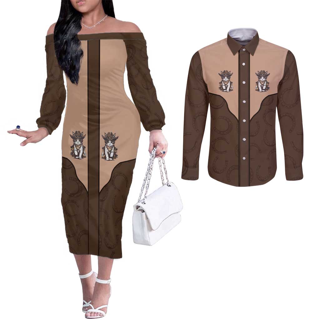 Cowcat Couples Matching Off The Shoulder Long Sleeve Dress and Long Sleeve Button Shirt Cowboy Cat Meowdy Retro Western Yoke Brown - Wonder Print Shop