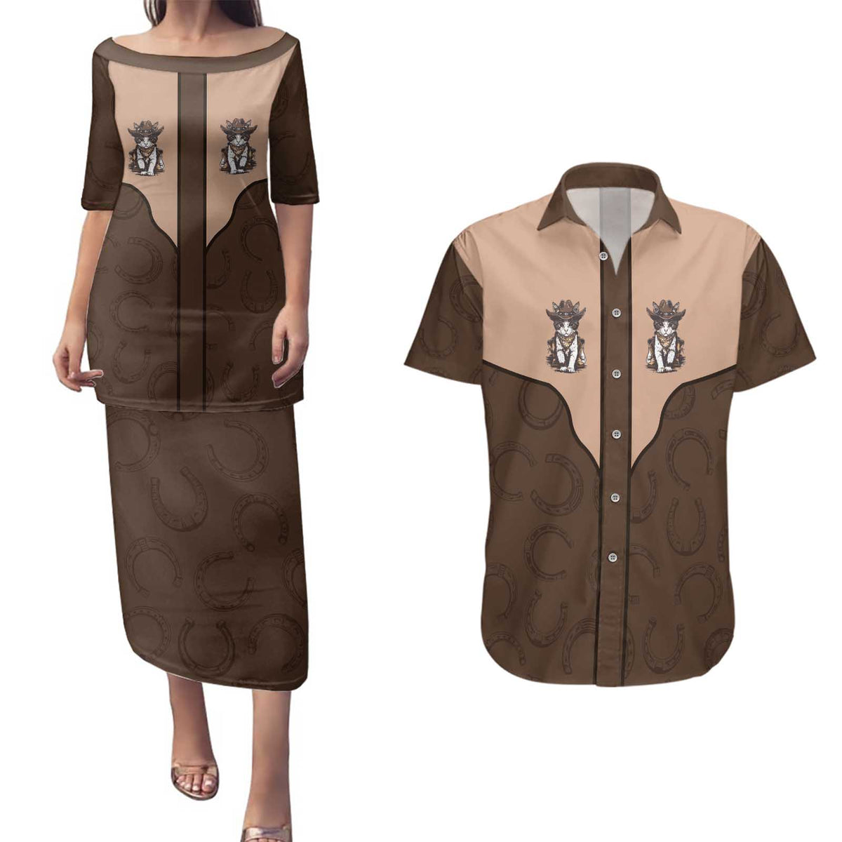 Cowcat Couples Matching Puletasi and Hawaiian Shirt Cowboy Cat Meowdy Retro Western Yoke Brown - Wonder Print Shop