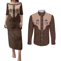 Cowcat Couples Matching Puletasi and Long Sleeve Button Shirt Cowboy Cat Meowdy Retro Western Yoke Brown - Wonder Print Shop