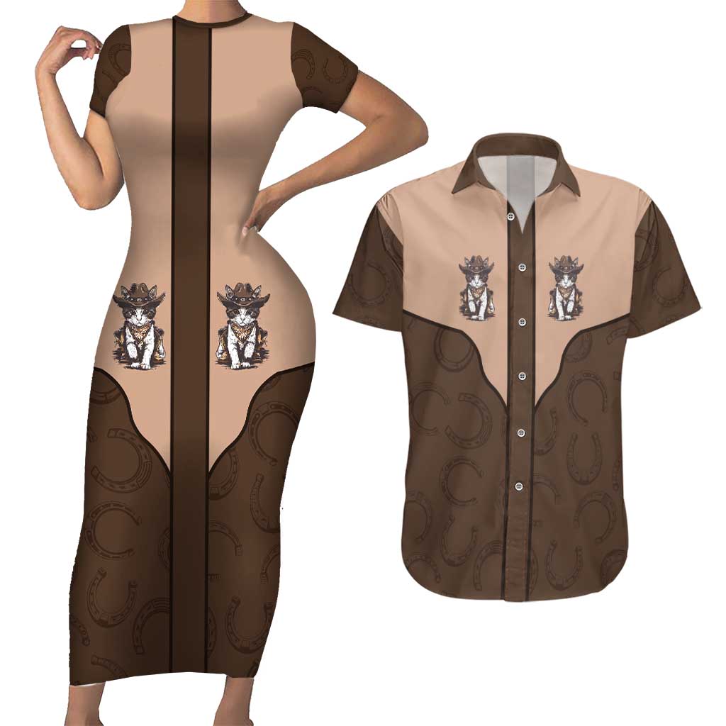 Cowcat Couples Matching Short Sleeve Bodycon Dress and Hawaiian Shirt Cowboy Cat Meowdy Retro Western Yoke Brown - Wonder Print Shop