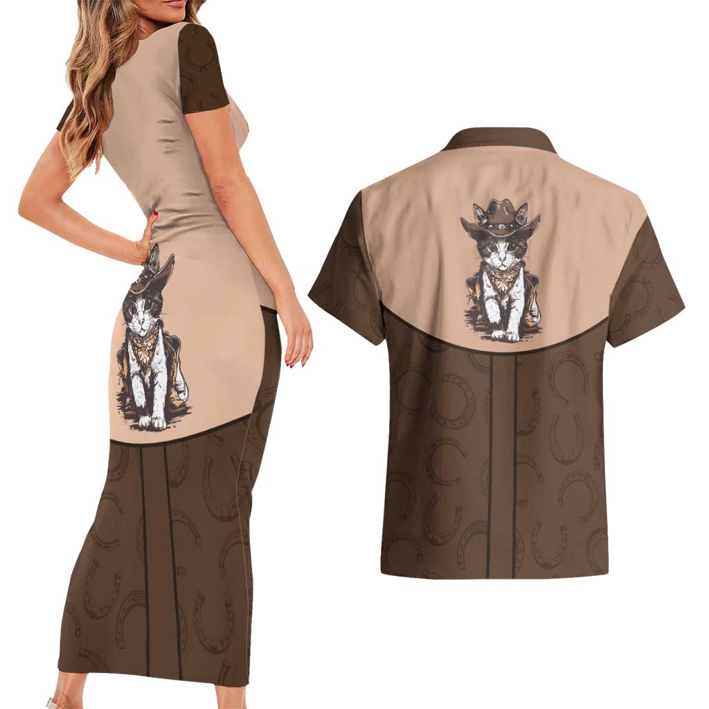 Cowcat Couples Matching Short Sleeve Bodycon Dress and Hawaiian Shirt Cowboy Cat Meowdy Retro Western Yoke Brown - Wonder Print Shop