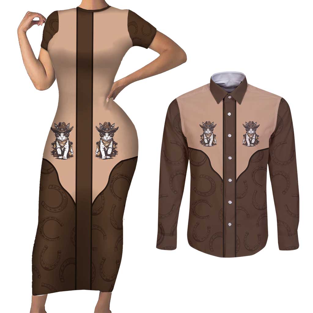 Cowcat Couples Matching Short Sleeve Bodycon Dress and Long Sleeve Button Shirt Cowboy Cat Meowdy Retro Western Yoke Brown - Wonder Print Shop