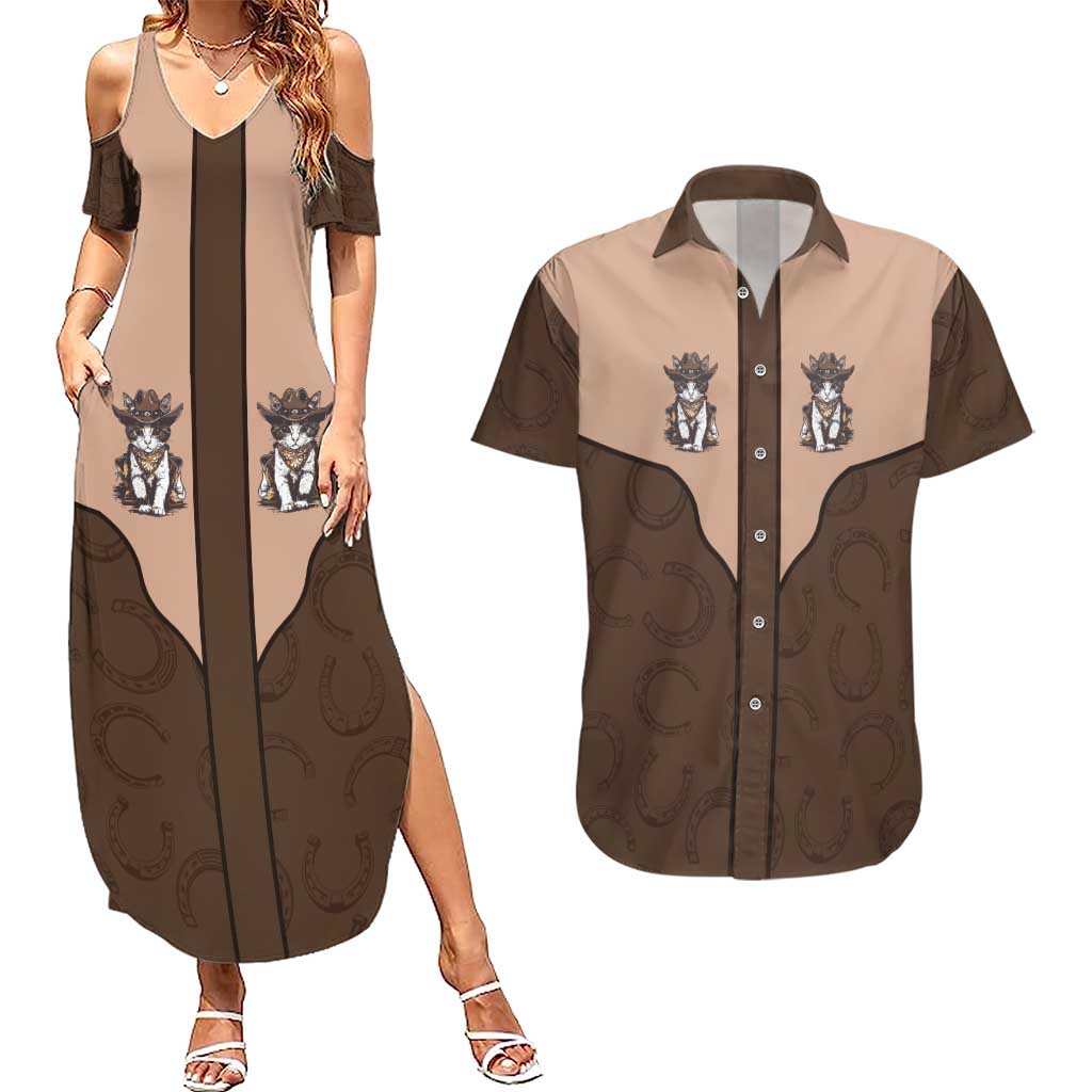 Cowcat Couples Matching Summer Maxi Dress and Hawaiian Shirt Cowboy Cat Meowdy Retro Western Yoke Brown - Wonder Print Shop