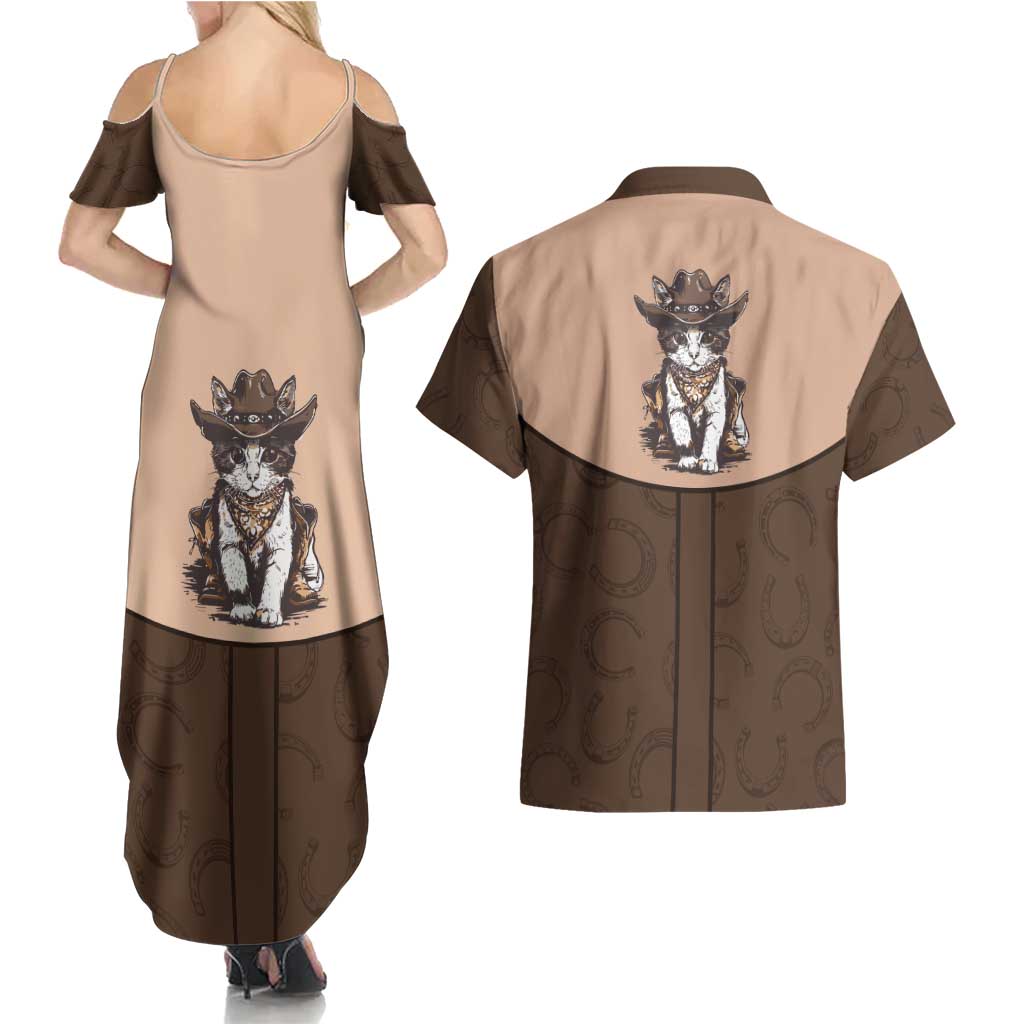 Cowcat Couples Matching Summer Maxi Dress and Hawaiian Shirt Cowboy Cat Meowdy Retro Western Yoke Brown - Wonder Print Shop